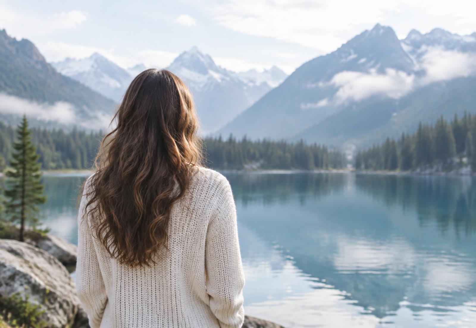 Femme contemplant un lac de montagne